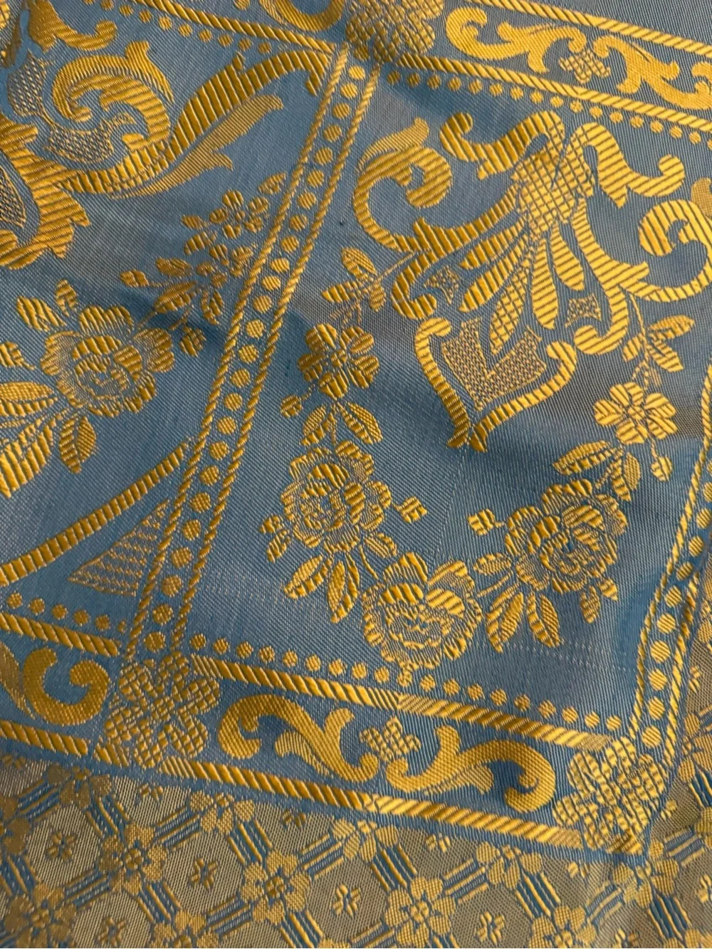 Large Blue Gold Jacquard Decorator Textile Fabric Panel 90x107 Fringe Like New